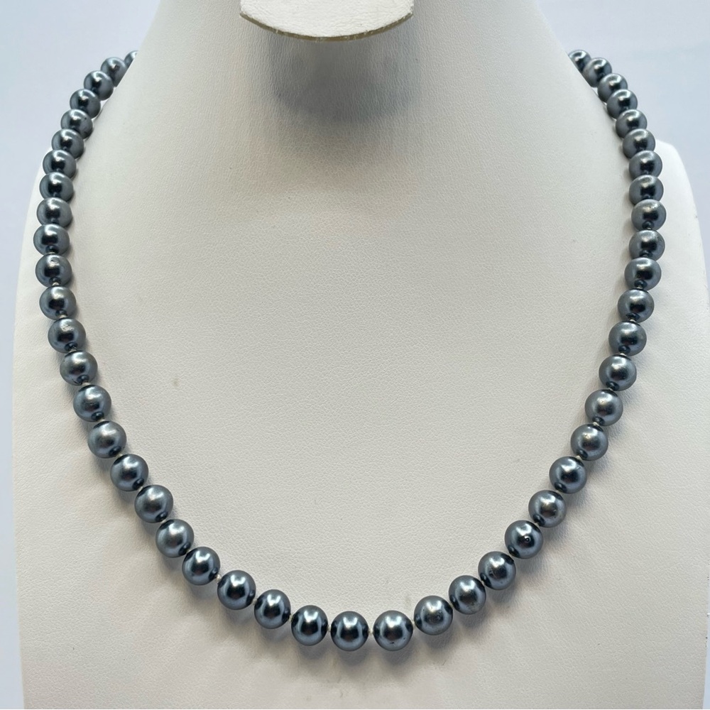 Vintage Gray Faux Pearl Necklace Knotted Silver Tone Classic Strand
